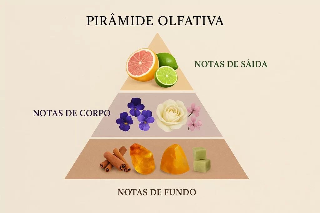 Ilustração da pirâmide olfativa com as camadas de topo, corpo e fundo